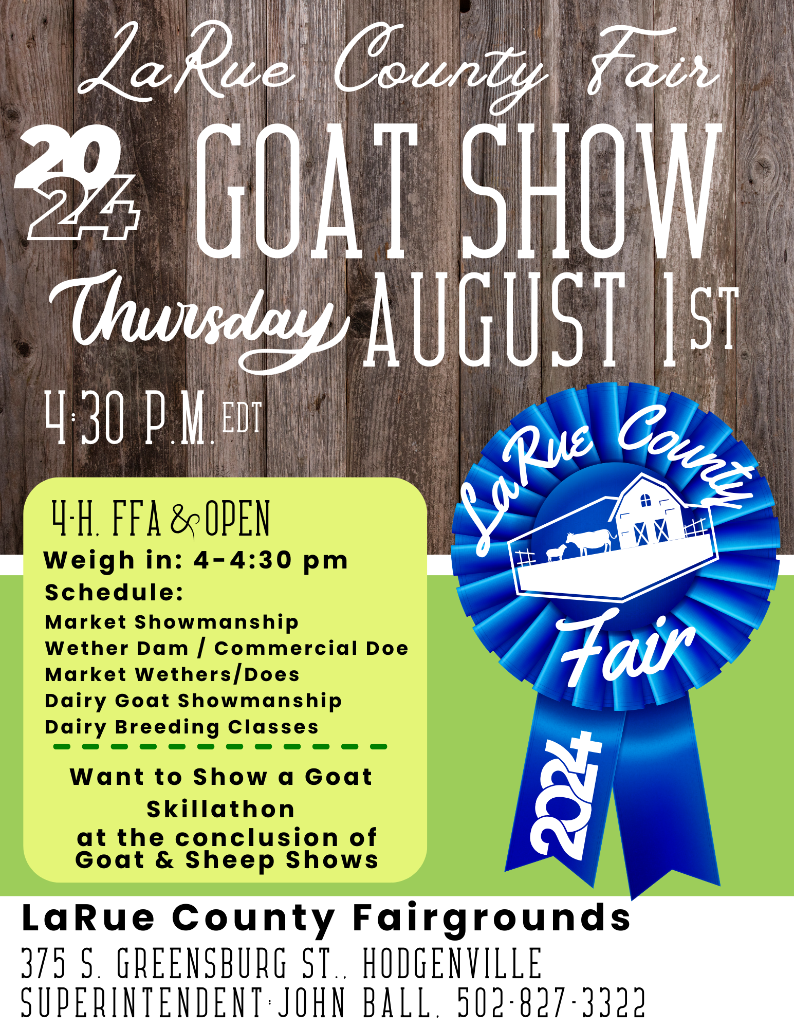 goat show info on wooden background green block  blue fair ribbon